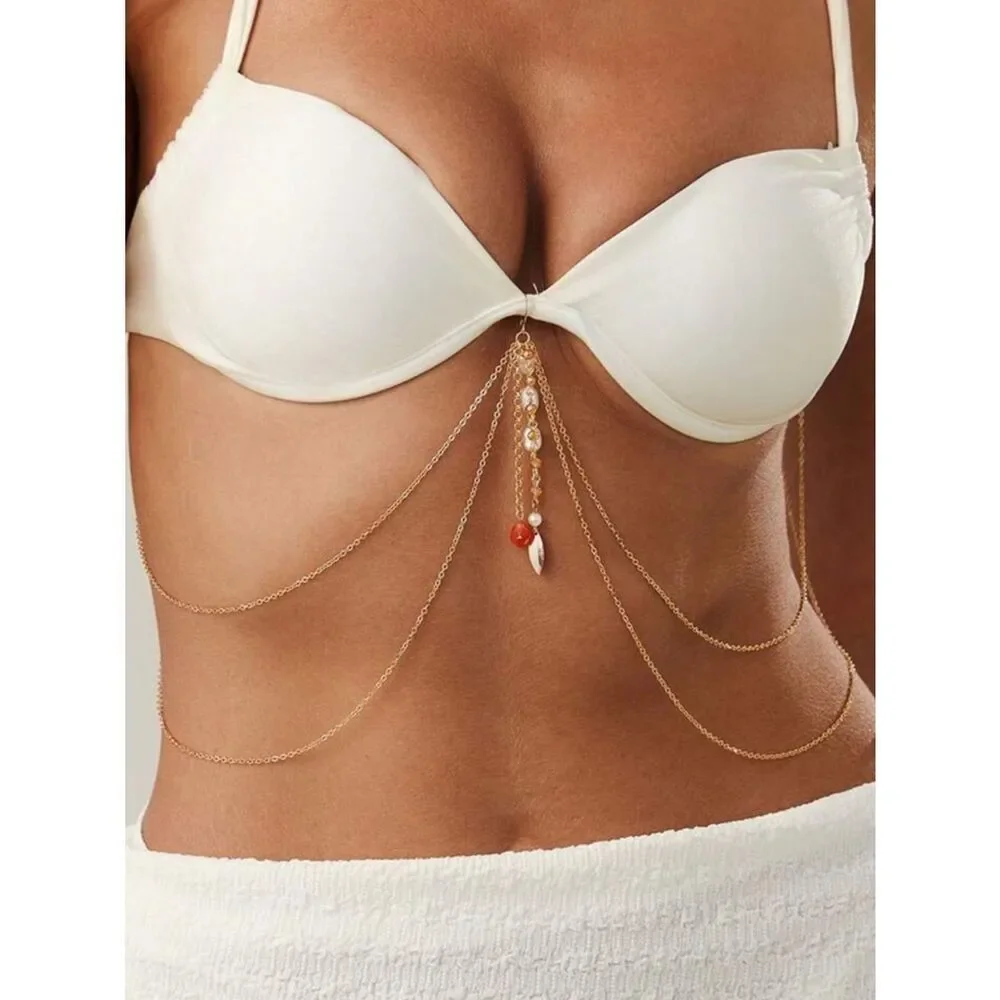 White Padded Bikini Top with Gold Chain Body Jewelry R 513